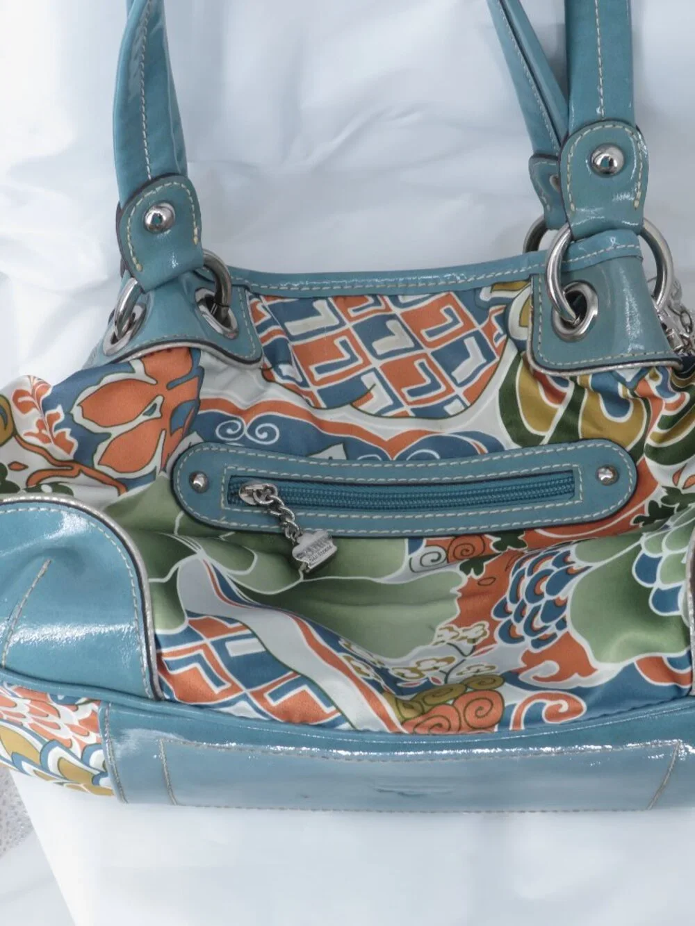 Vintage Kathy Van Zeeland Y2K Floral Hobo Satchel Bag Rhinestone Crown Logo Teal